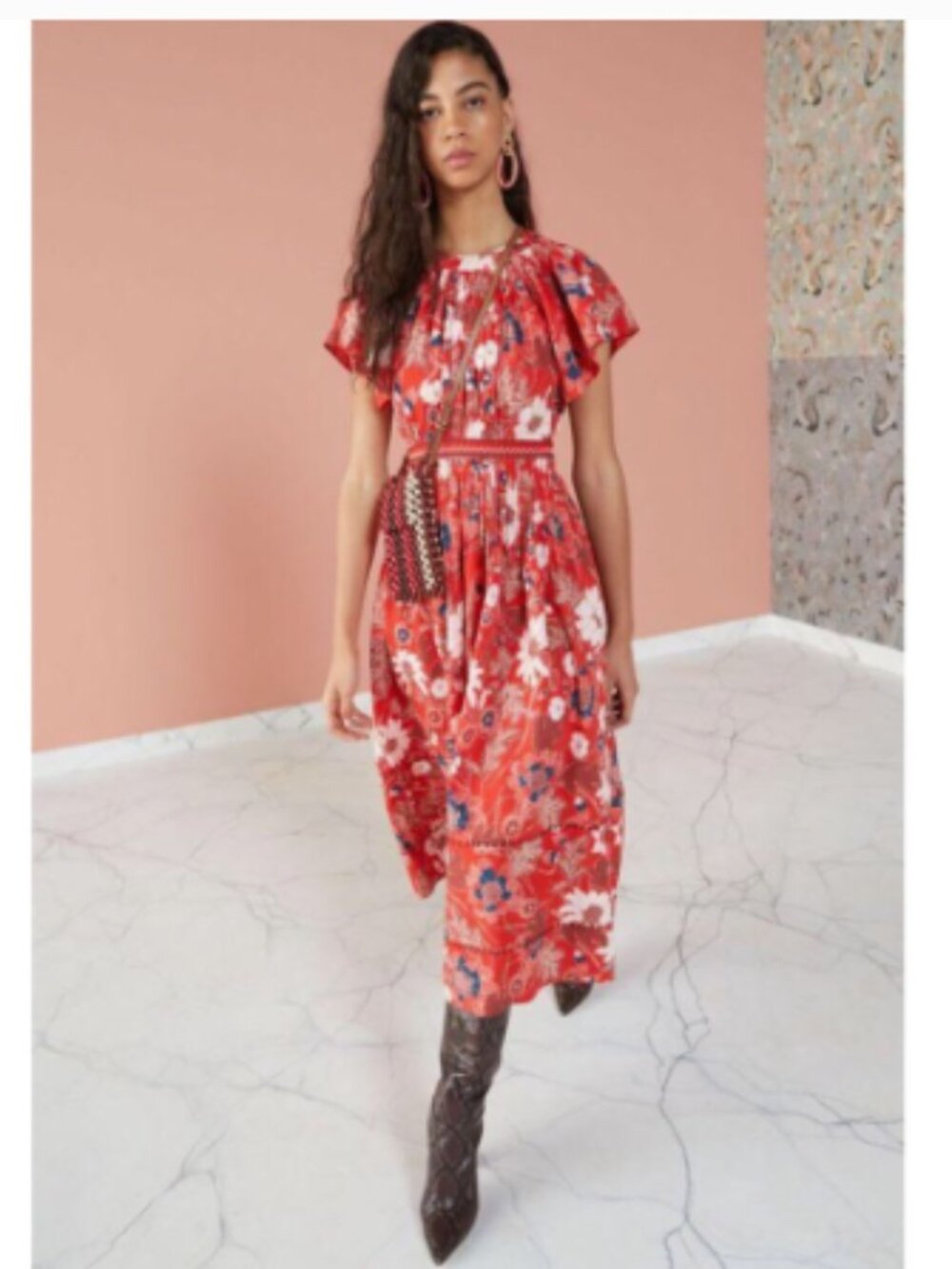 Ulla Johnson Lottie Floral Midi Dress Scarlet Red Sz 4